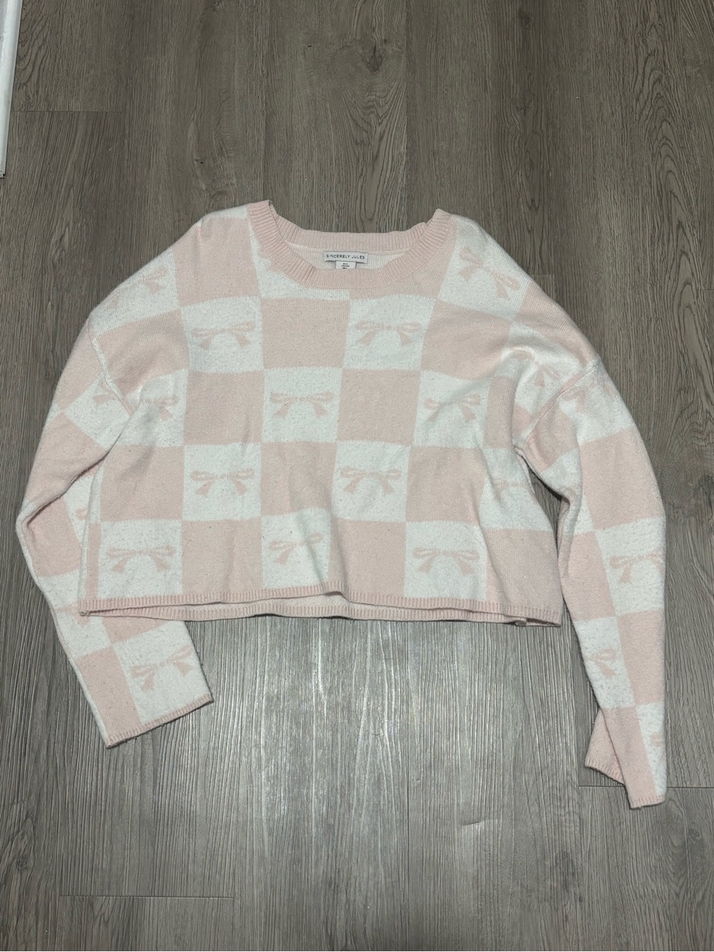 Sincerely Jules Pink & White Checker Bow Crewneck Sweater